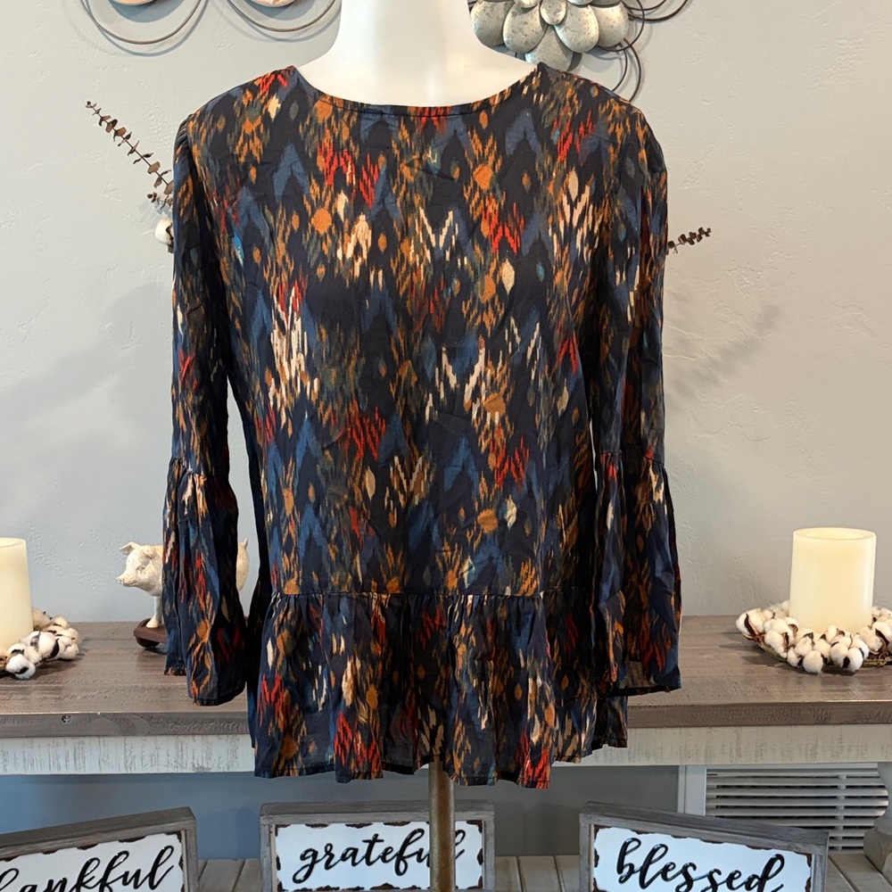 Women’s Peplum Long-Sleeve Top in Multicolor Ikat